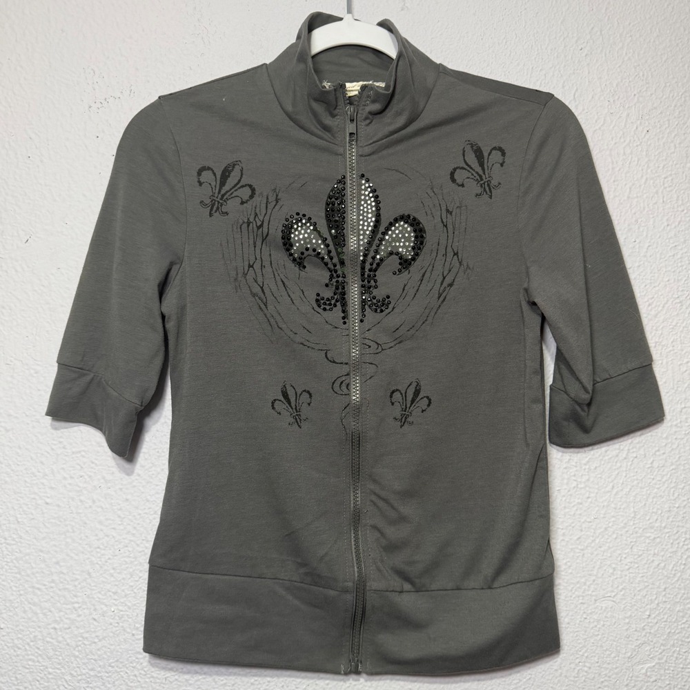 Y2K Layered with Love Fleur-De-Lis Rhinestone Zip Jacket S Grey Graphic Edgy